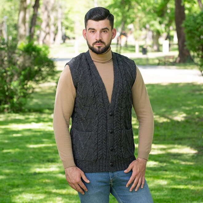 Men's Medium Aran Grey Sleeveless Cardigan