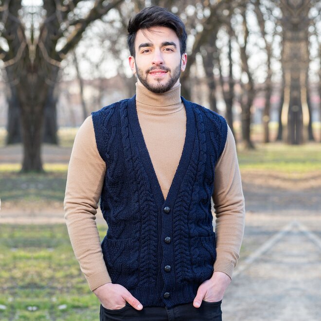 Men's Navy Aran Sleeveless Cardigan