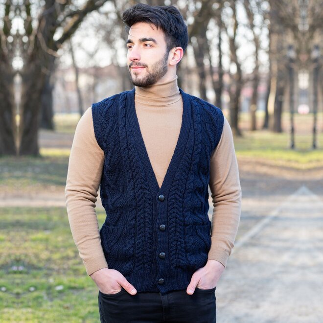 Men's Navy Aran Sleeveless Cardigan