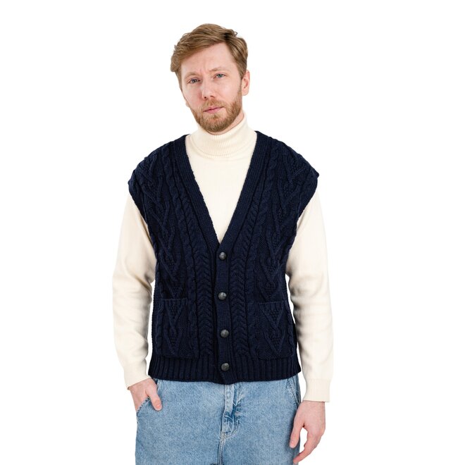 Men's Navy Aran Sleeveless Cardigan