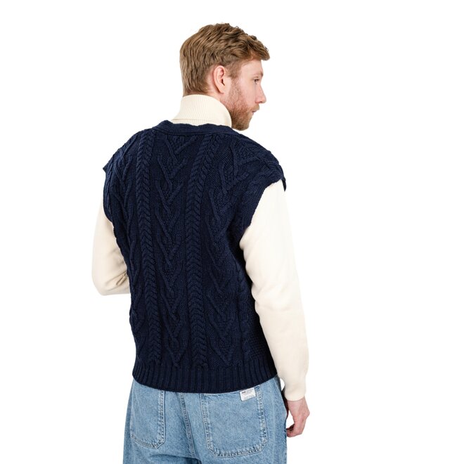 Men's Navy Aran Sleeveless Cardigan