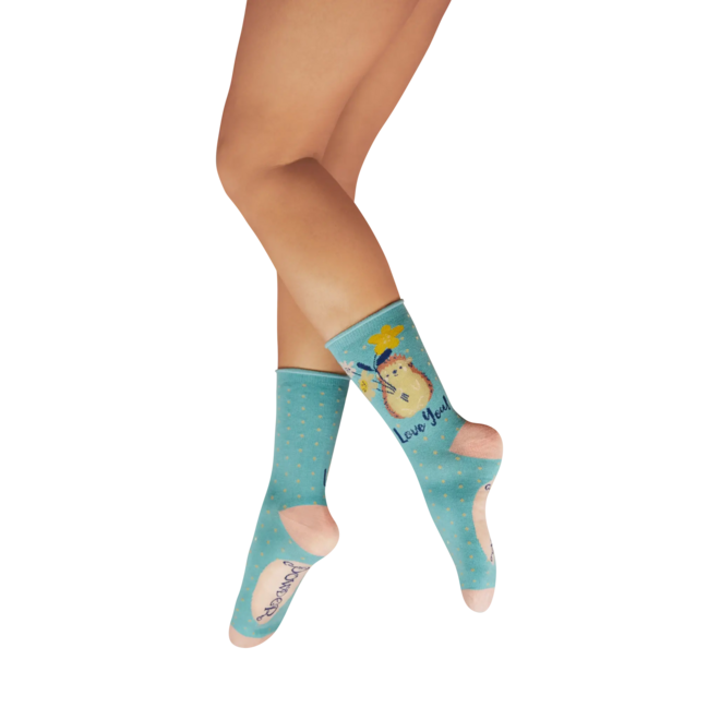 Hedgehog Sharing Love Aqua Ankle Sock