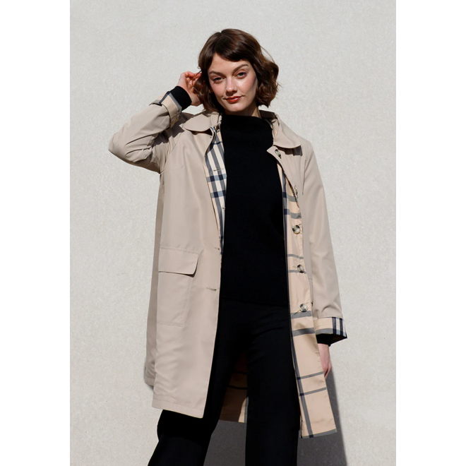 Camel & Plaid Rain Trench Coat with Detachable Hood