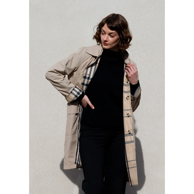 Camel & Plaid Rain Trench Coat with Detachable Hood