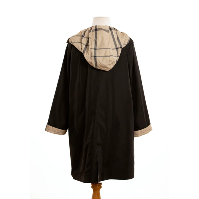 Black & Plaid Rain Trench Coat with Detachable Hood