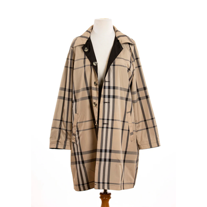 Black & Plaid Rain Trench Coat with Detachable Hood