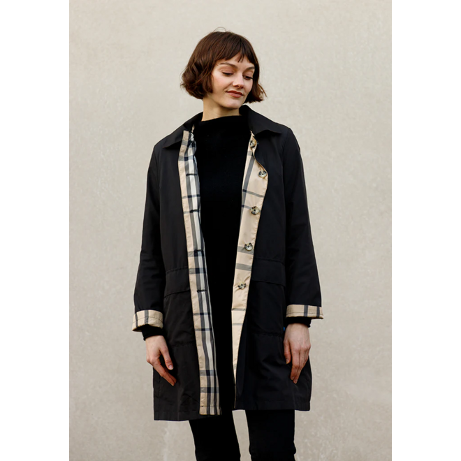 Black & Plaid Rain Trench Coat with Detachable Hood