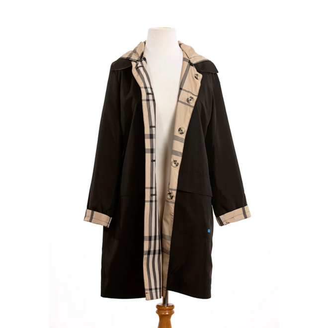 Black & Plaid Rain Trench Coat with Detachable Hood