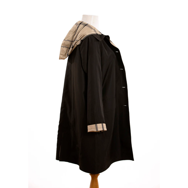 Black & Plaid Rain Trench Coat with Detachable Hood