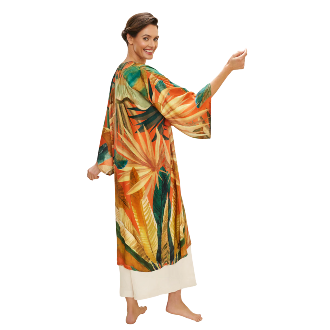 Painted Palms Tangerine Kimono Gown