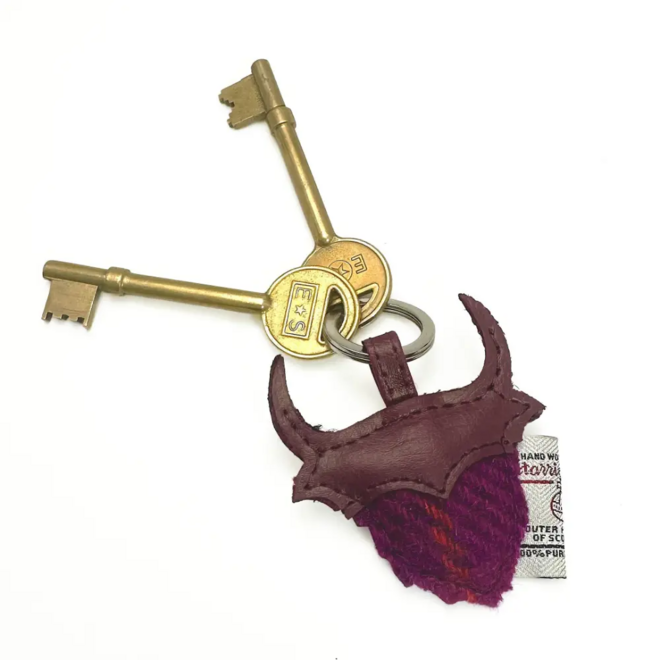 Harris Tweed Purple Check Highland Coo Keyring