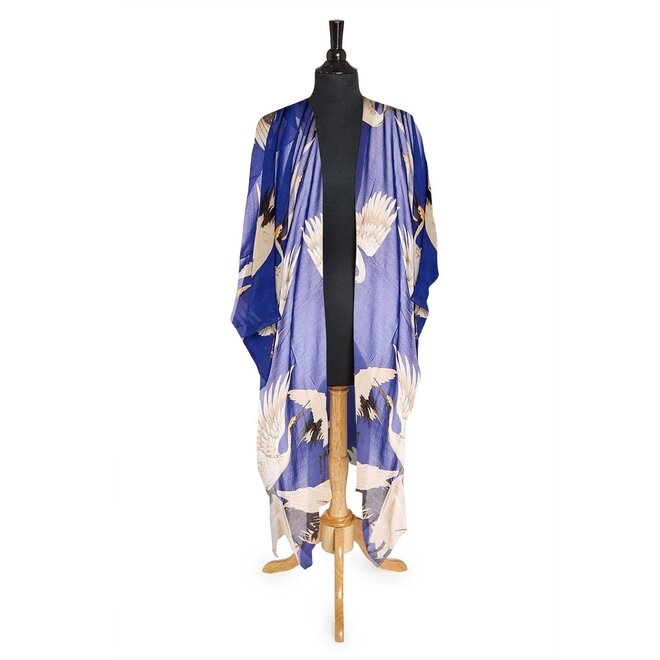 Cobalt Heron Print Long Kimono