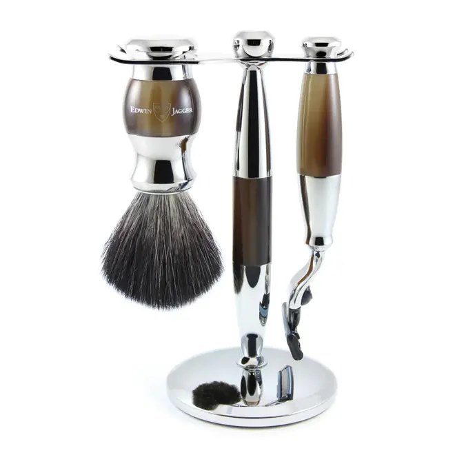 Edwin Jagger Gillette Mach3 Razor Shaving Set (Imitation Horn & Chrome, Black Synthetic)