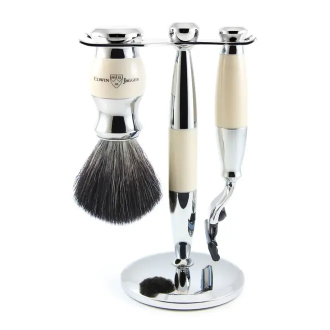 Edwin Jagger Gillette Mach3 Shaving Set (Imitation Ivory & Chrome, Black Synthetic)