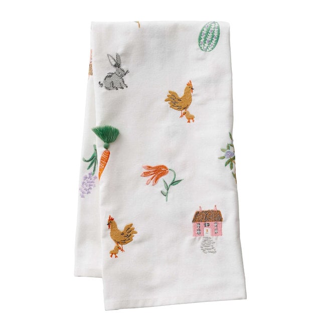 Spring Farm Embroidered Tea Towel