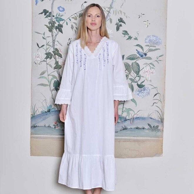 Eloise V-Neck 3/4-Sleeve Nightgown With Lilac Embroidery