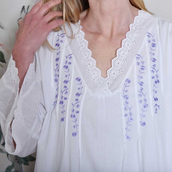 Eloise V-Neck 3/4-Sleeve Nightgown With Lilac Embroidery