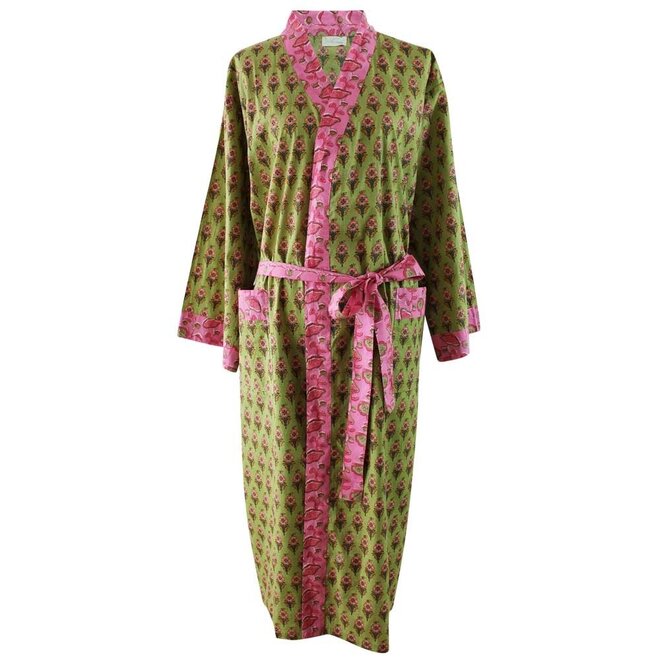 Lime Green Block Print Dressing Gown With Pink Floral Trim