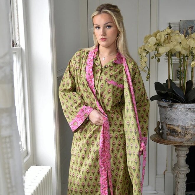 Lime Green Block Print Dressing Gown With Pink Floral Trim