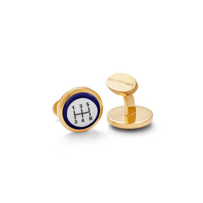 Gear Stick Round Deep Cobalt & Gold Cufflinks
