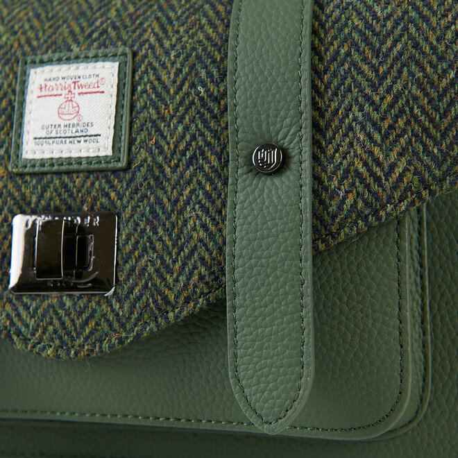 Harris Tweed Dark Green Herringbone Leather Medium Satchel