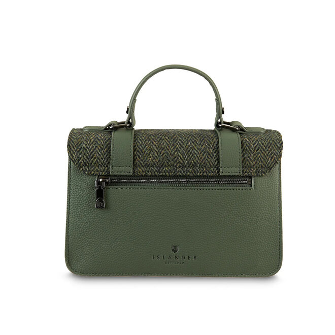 Harris Tweed Dark Green Herringbone Leather Medium Satchel