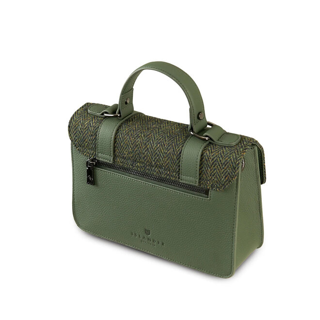 Harris Tweed Dark Green Herringbone Leather Medium Satchel