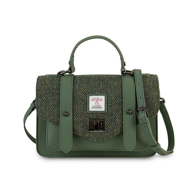 Harris Tweed Dark Green Herringbone Leather Medium Satchel