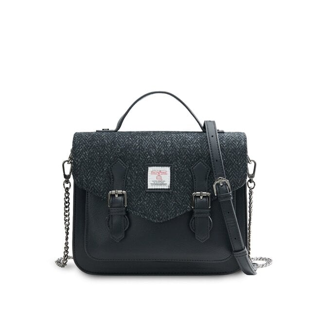 Harris Tweed Black Herringbone Medium Carlton Satchel