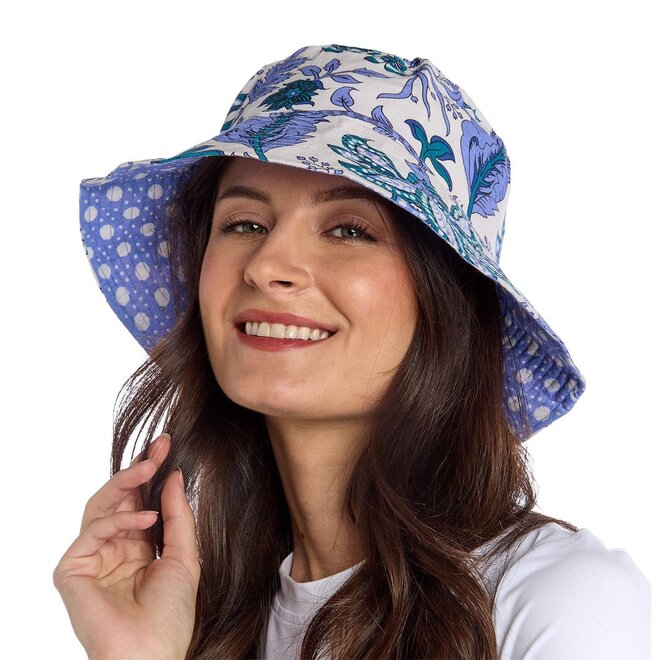 Cool Blues Block Printed Reversible Cotton Sun Hat