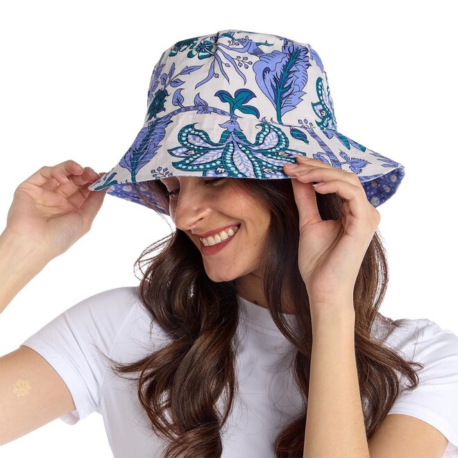 Cool Blues Block Printed Reversible Cotton Sun Hat