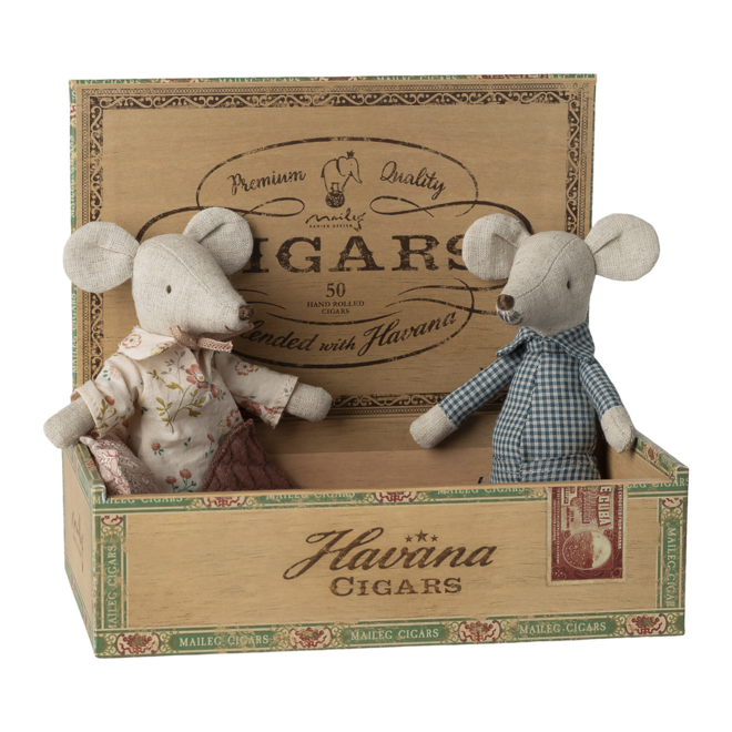 Grandma & Grandpa Mice in Cigar Box