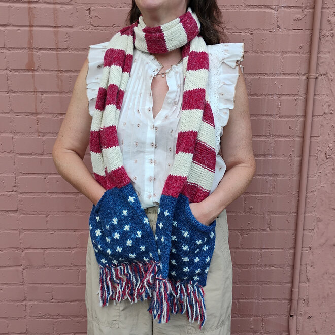 USA Flag Pattern Scarf With Pockets & Fringe