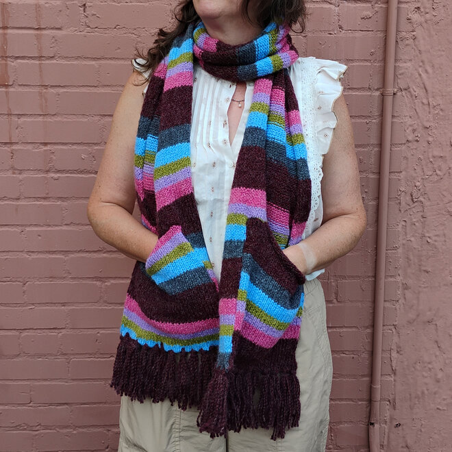 Pink, Blue & Green Scarf With Pockets & Fringe