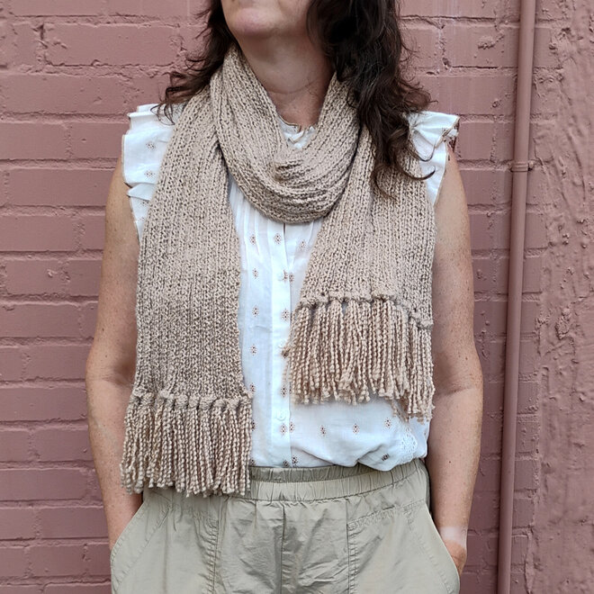 Beige Ribbed Scarf With Fringe