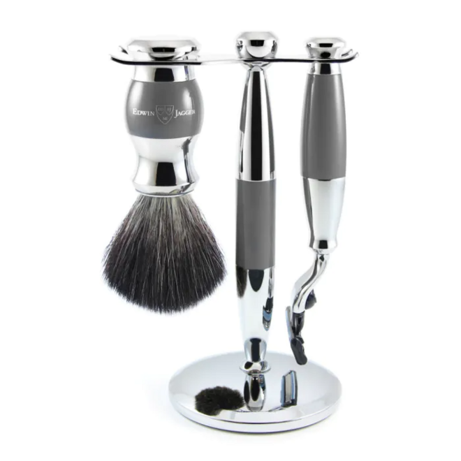 Edwin Jagger Gillette Mach3 Shaving Set (Grey & Chrome, Black Synthetic)