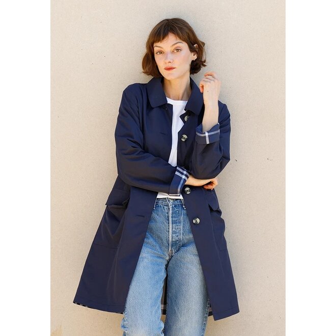 Navy & Navy Plaid Rain Trench Coat