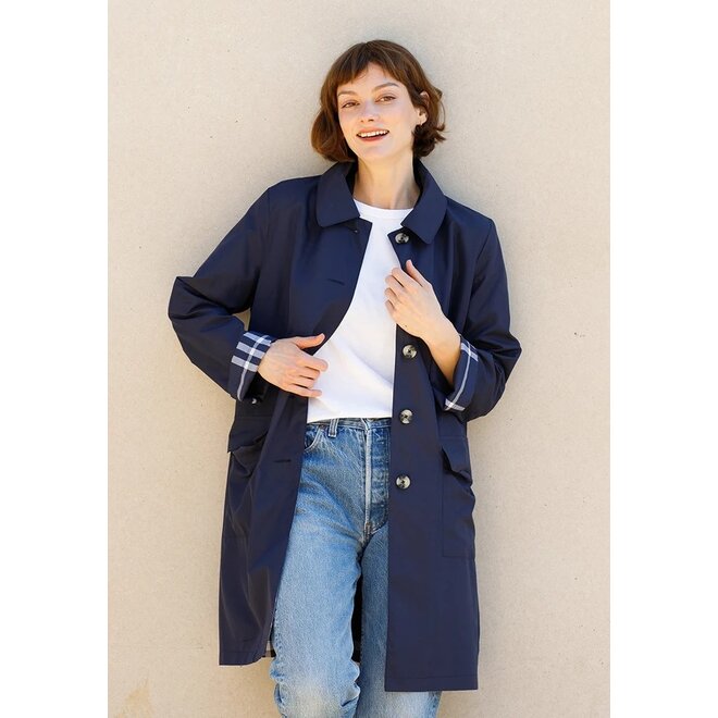 Navy & Navy Plaid Rain Trench Coat