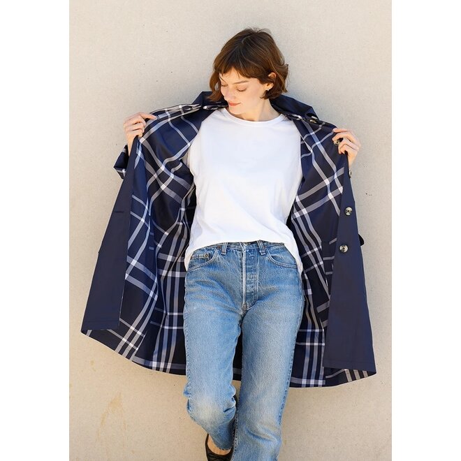 Navy & Navy Plaid Rain Trench Coat