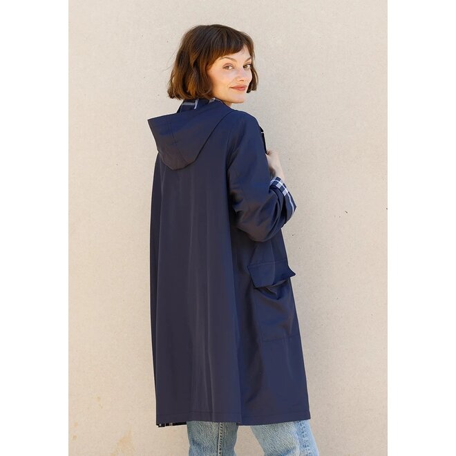 Navy & Navy Plaid Rain Trench Coat