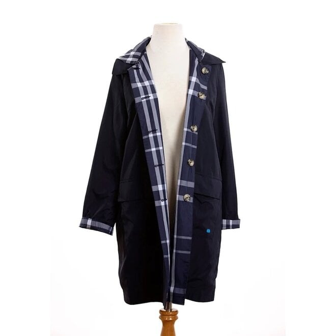 Navy & Navy Plaid Rain Trench Coat