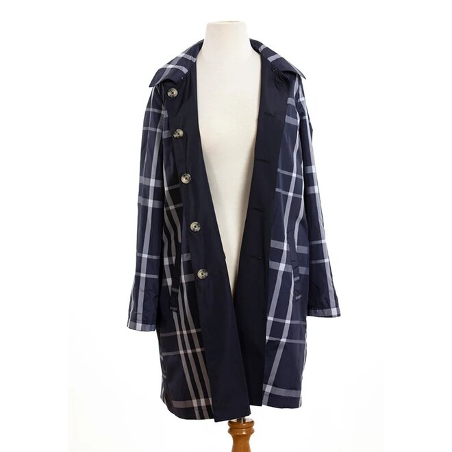 Navy & Navy Plaid Rain Trench Coat