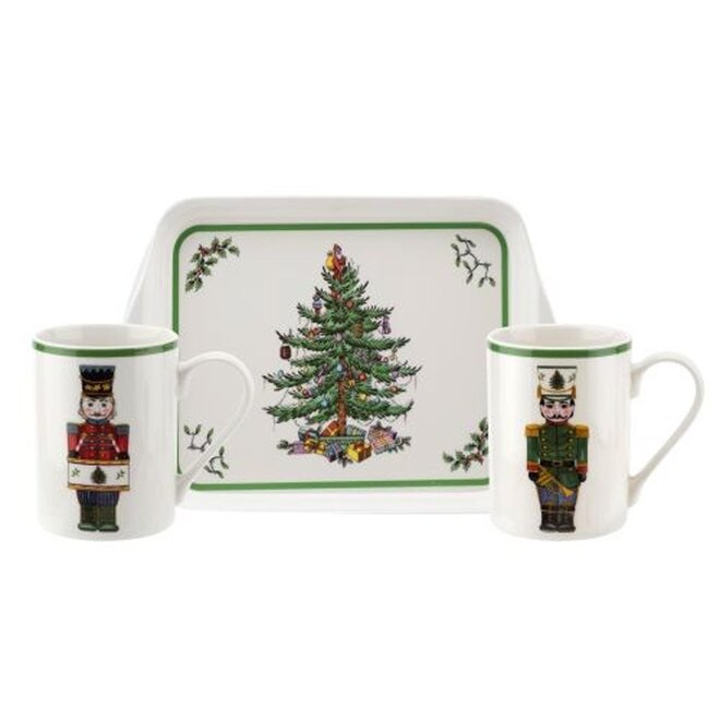 Christmas Tree Nutcracker Mugs & Tray Set