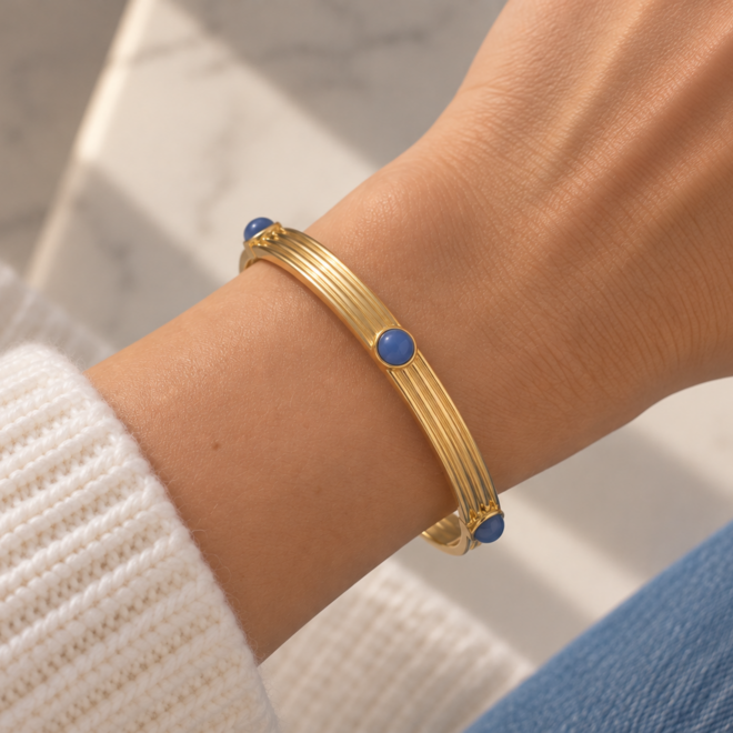 Forget-Me-Not Cabochon & Gold Ribbed Push-On Bangle