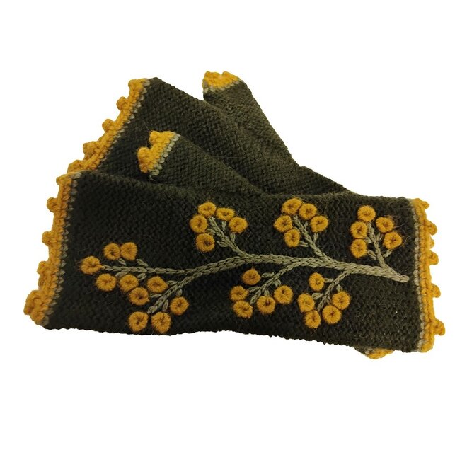 Olive Green Cherry Blossom Fingerless Mittens