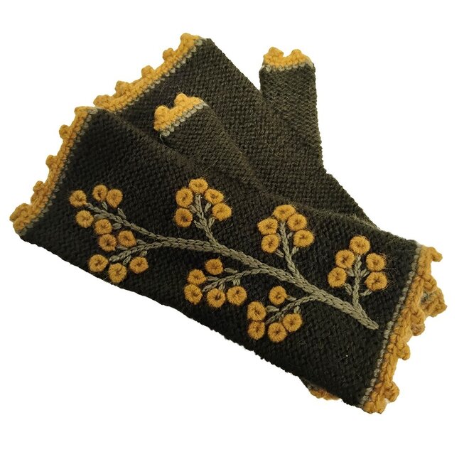 Olive Green Cherry Blossom Fingerless Mittens