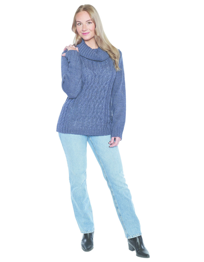 BLUE CABLE KNIT COWL NECK SWEATER