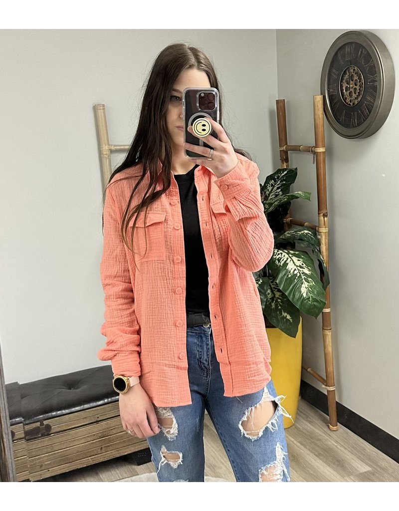 CORAL GAUZE BUTTON UP