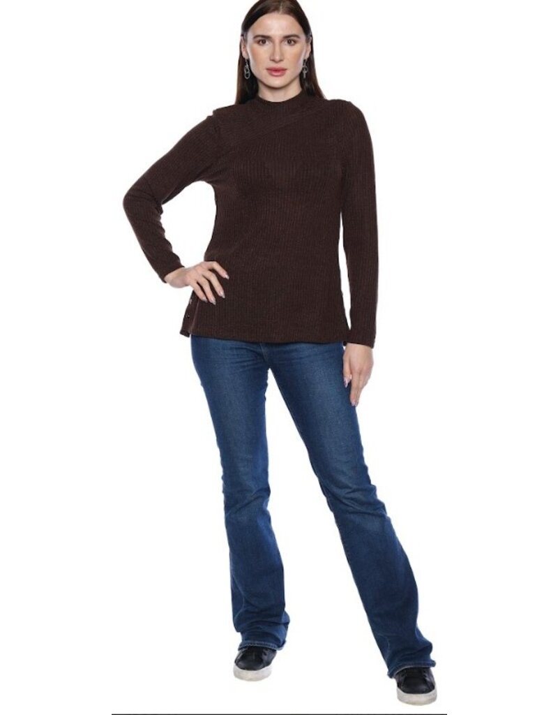 BROWN RIBBED L/S TOP W SIDE BTNS