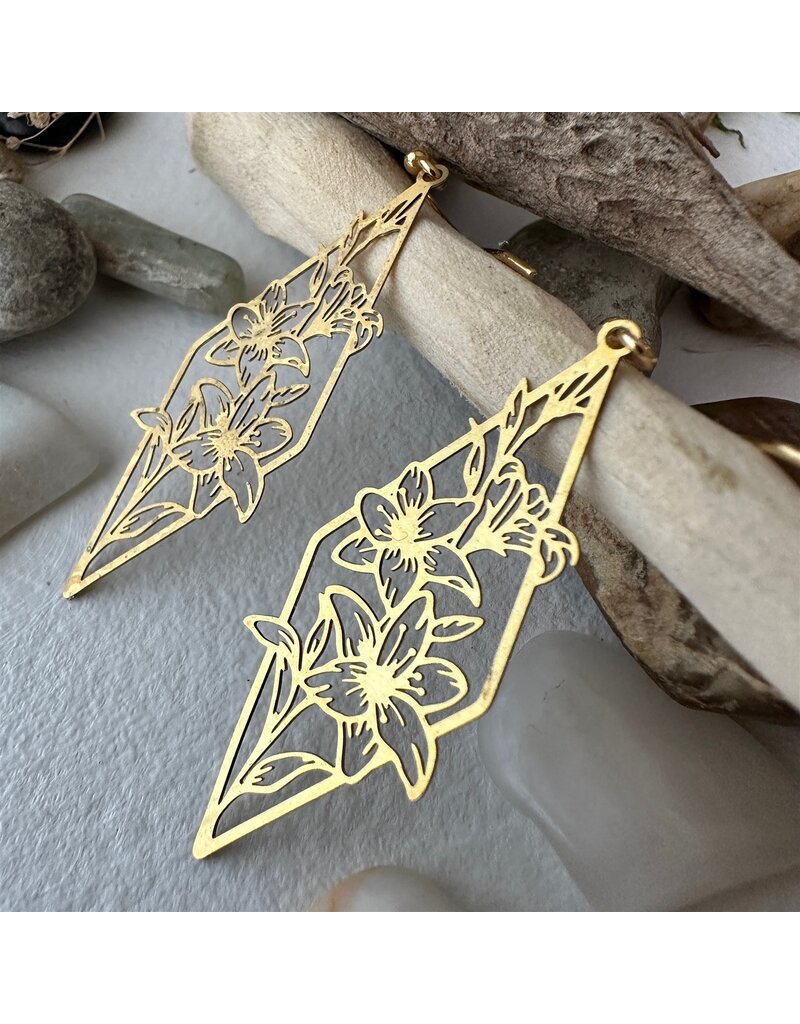 PIKA & BEAR TIGRIS RAW BRASS RHOMBUS FLOWERS DROP EARRINGS